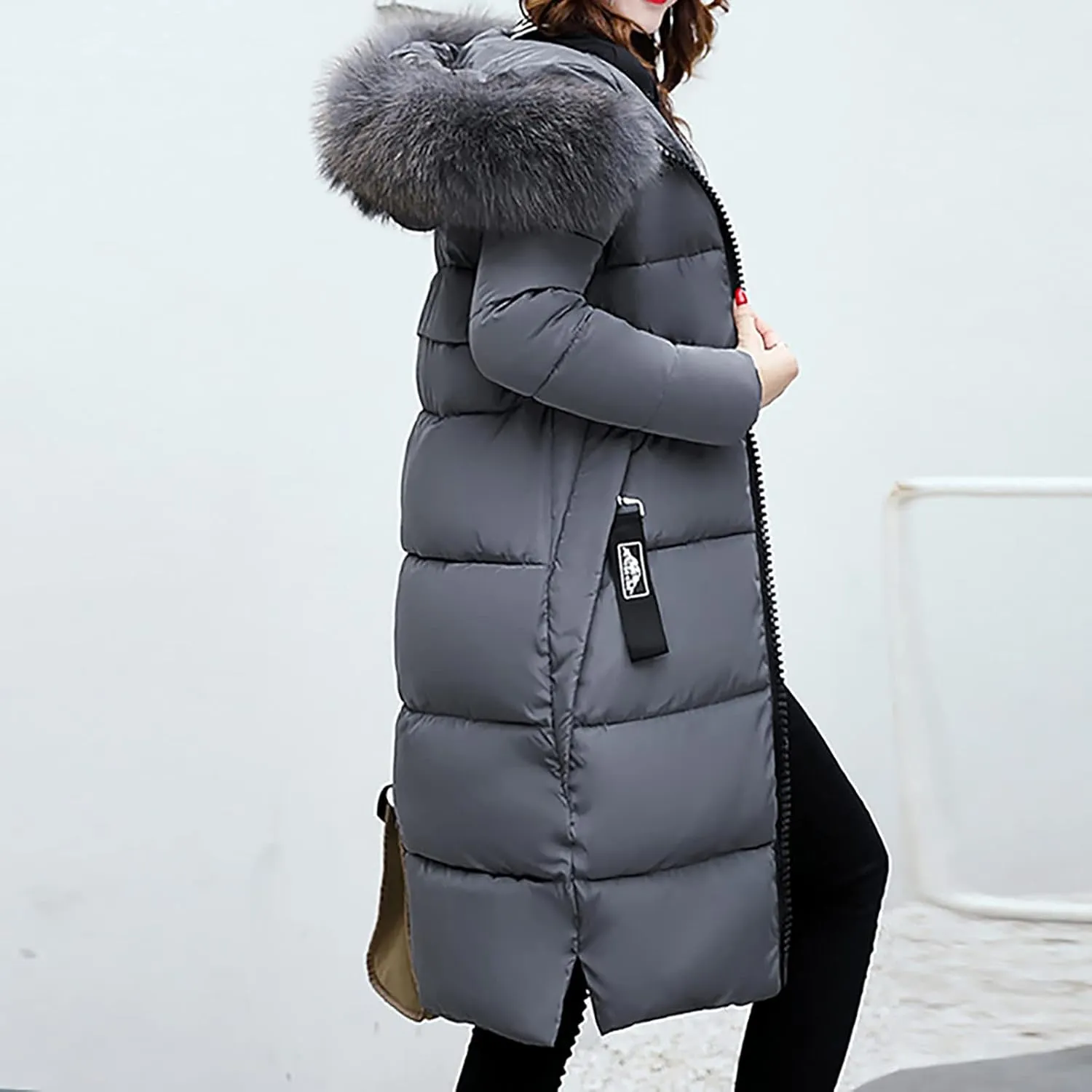 Womens Puffer Jacket Packable Down Coat Button Padded Quilted Outwear With Faux Fur Hood Thicken Fleece Lined Jackets