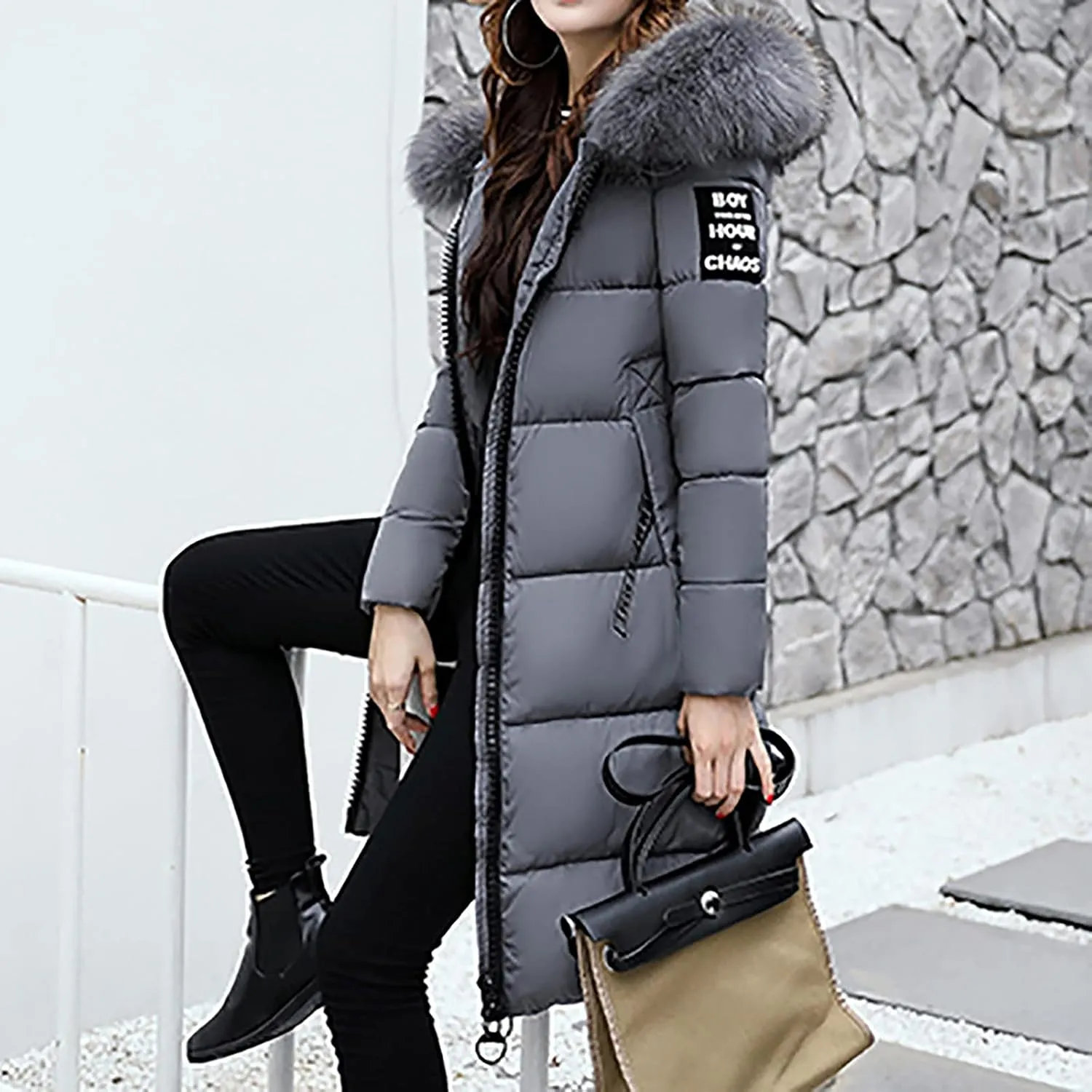 Womens Puffer Jacket Packable Down Coat Button Padded Quilted Outwear With Faux Fur Hood Thicken Fleece Lined Jackets