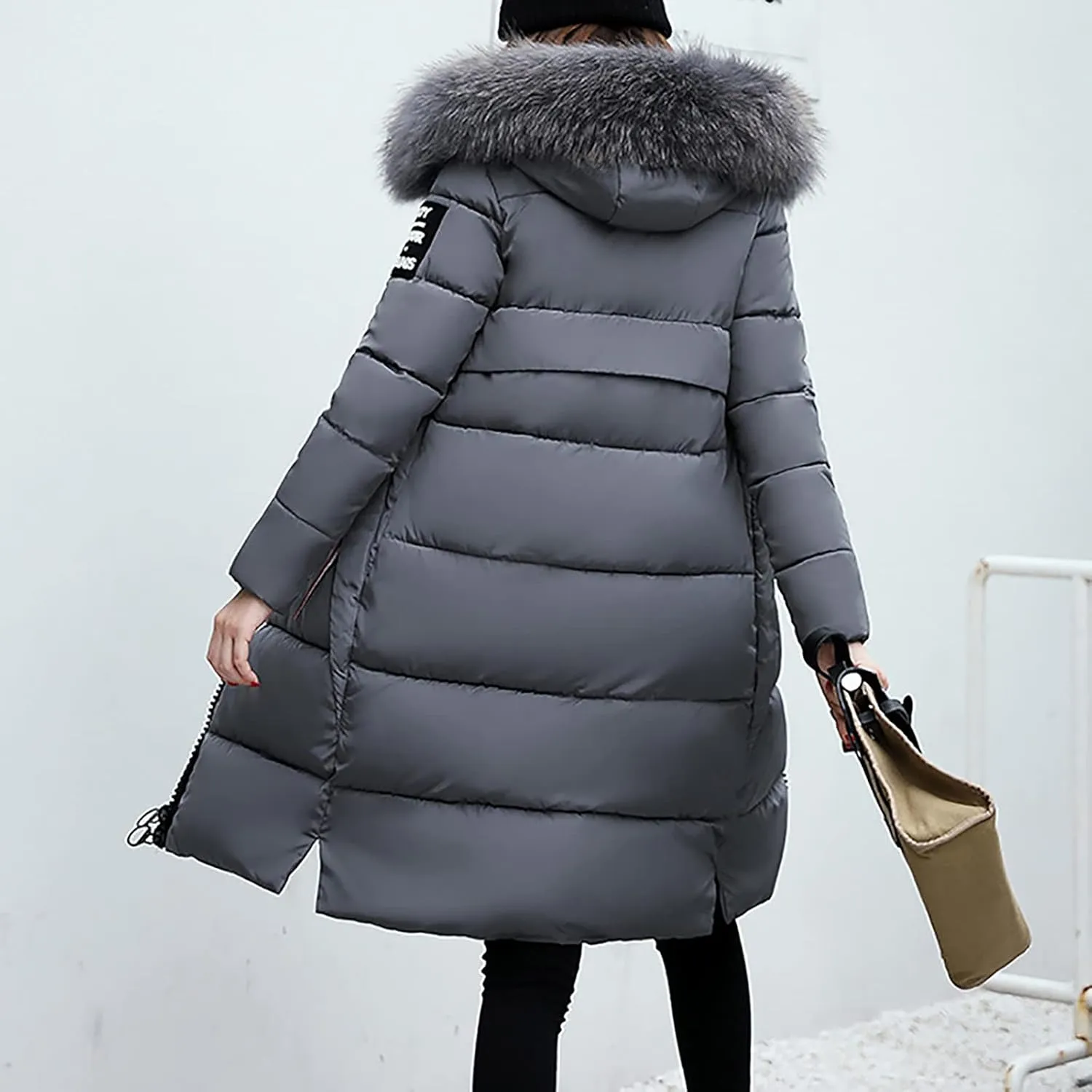 Womens Puffer Jacket Packable Down Coat Button Padded Quilted Outwear With Faux Fur Hood Thicken Fleece Lined Jackets