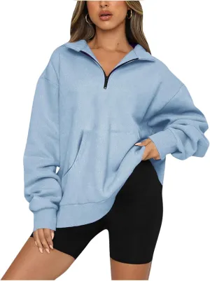 Womens Quarter Zip Pullover Cropped Fleece Hoodies Lightweight Crew Neck Sweatshirt Casual Fall Outfit