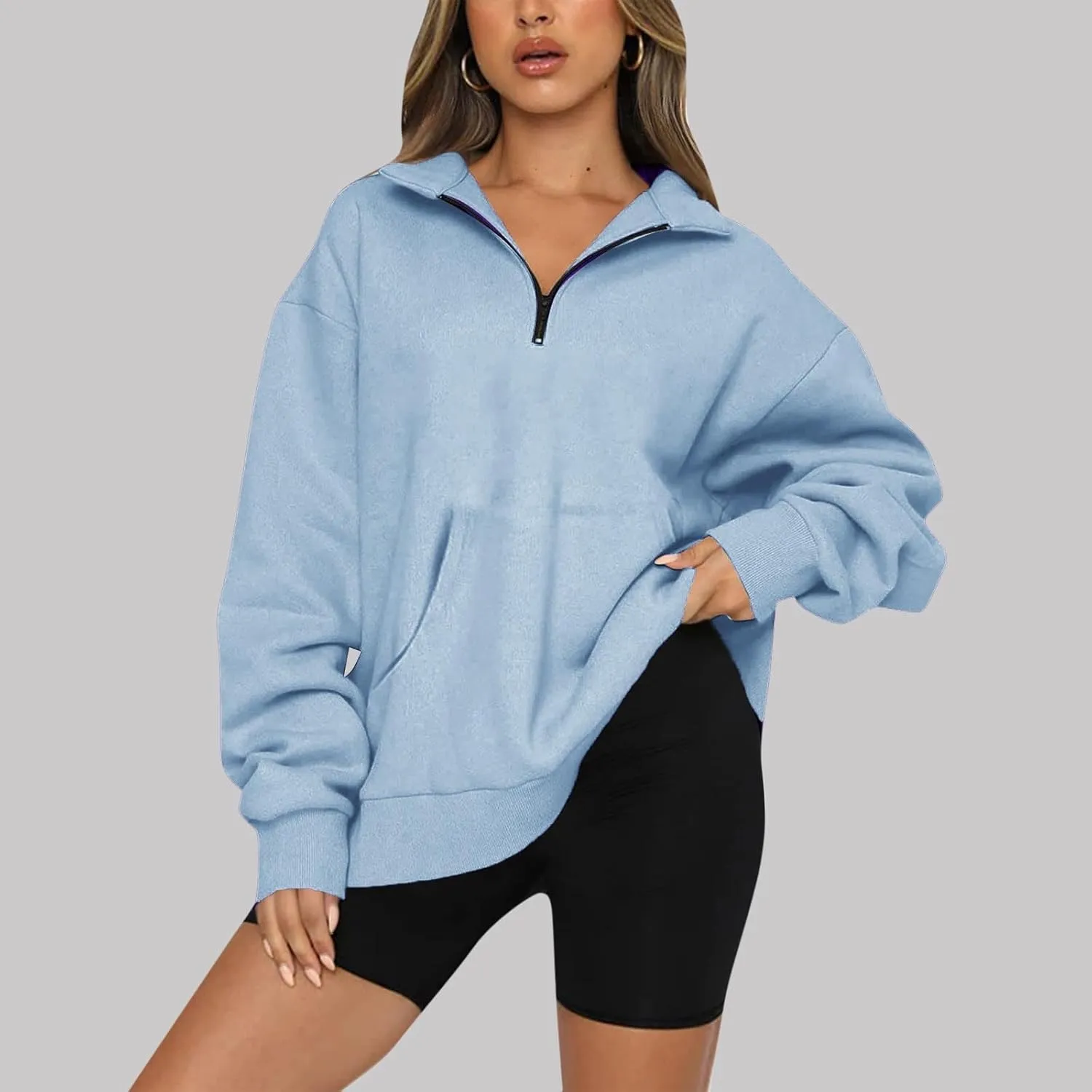 Womens Quarter Zip Pullover Cropped Fleece Hoodies Lightweight Crew Neck Sweatshirt Casual Fall Outfit