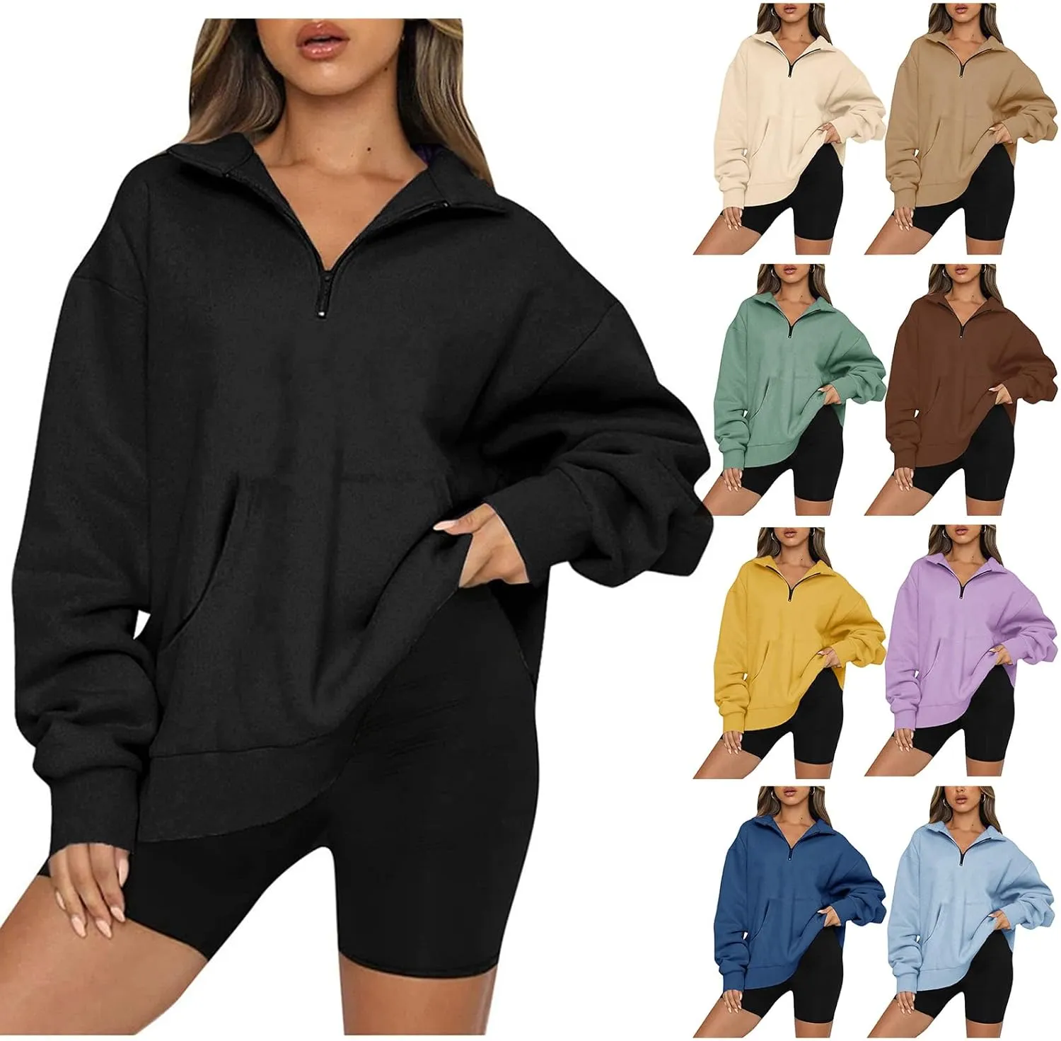 Womens Quarter Zip Pullover Cropped Fleece Hoodies Lightweight Crew Neck Sweatshirt Casual Fall Outfit