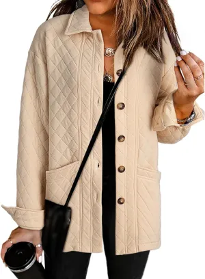 Womens Quilted Jackets Lightweight Button Down Collared Shirts Casual Long Sleeve Winter Coats Boyfriend Tops