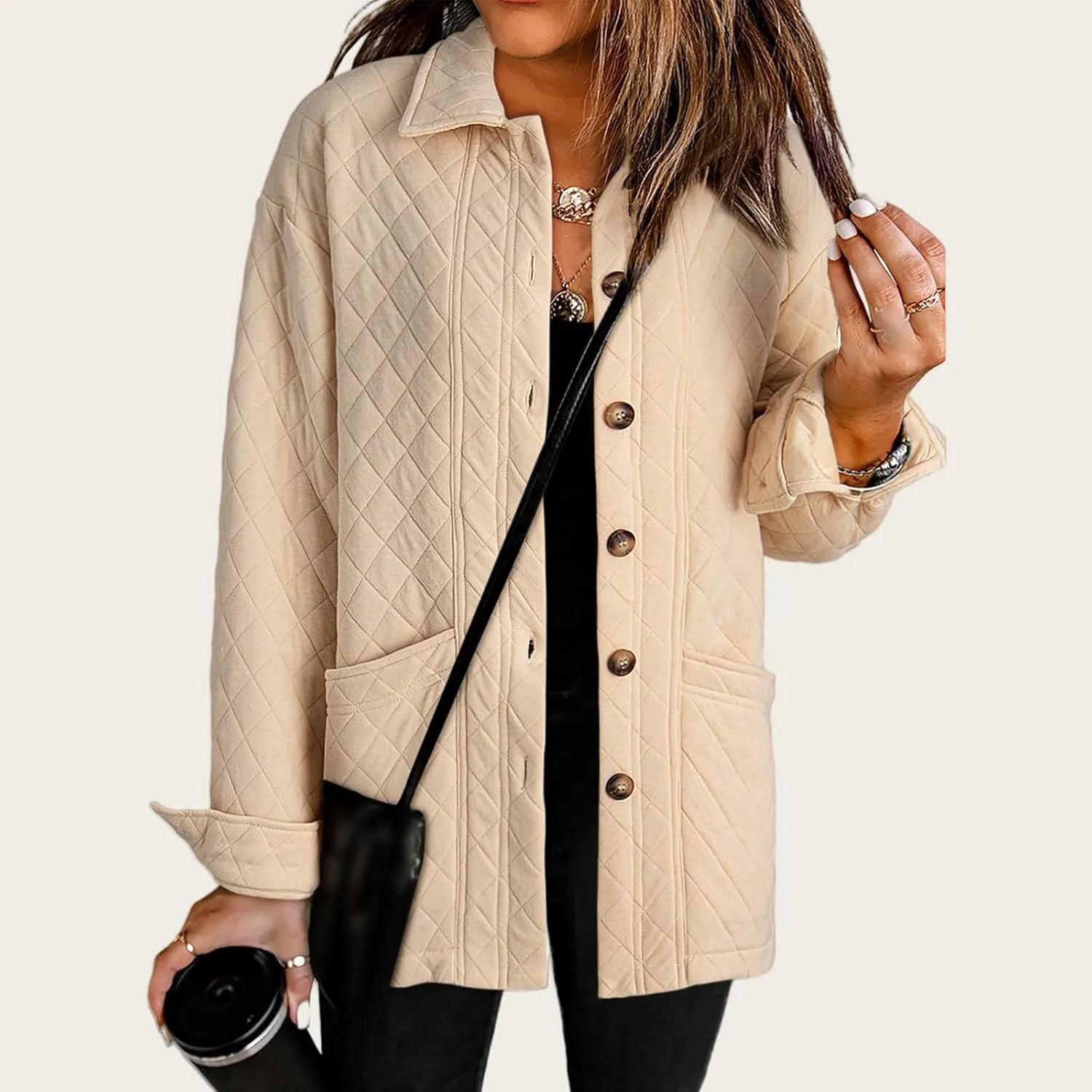 Womens Quilted Jackets Lightweight Button Down Collared Shirts Casual Long Sleeve Winter Coats Boyfriend Tops