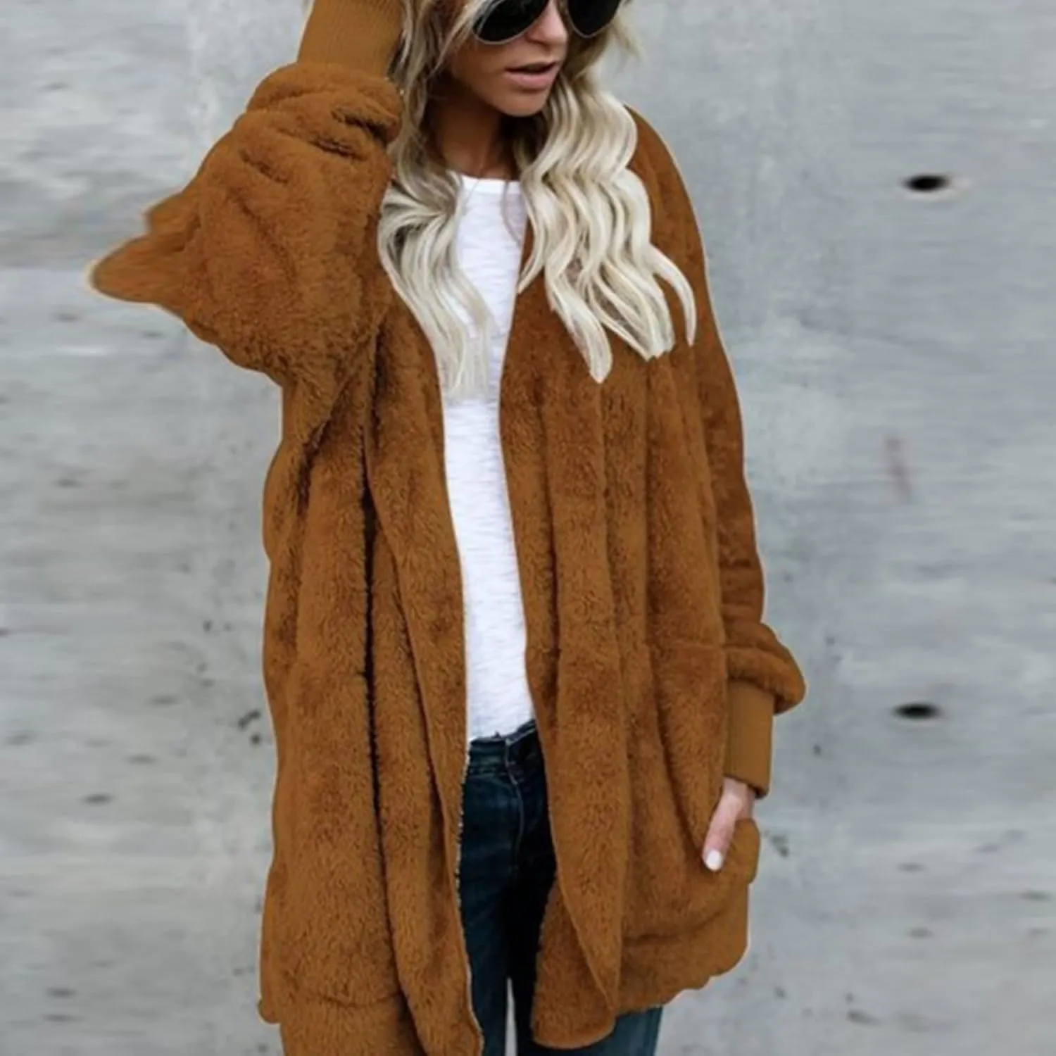 Womens Sherpa Jacket Fuzzy Fleece Oversized Open Front Cardigan Hooded Soft Fluffy Robe Winter Coats with Pockets