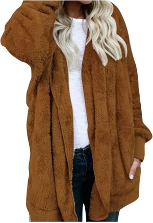Womens Sherpa Jacket Fuzzy Fleece Oversized Open Front Cardigan Hooded Soft Fluffy Robe Winter Coats with Pockets