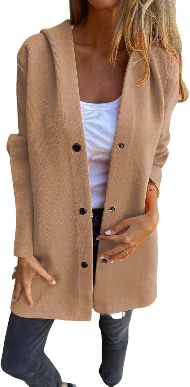 Womens Single Breasted Hooded Jacket Wool Blend Peacoat pen Front Cardigan Trench Coat for Women