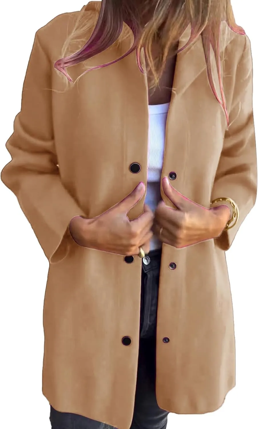 Womens Single Breasted Hooded Jacket Wool Blend Peacoat pen Front Cardigan Trench Coat for Women