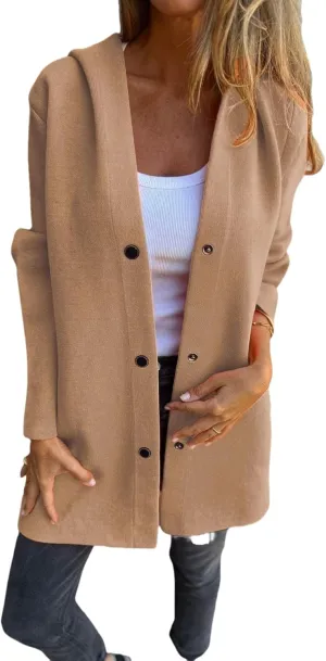Womens Single Breasted Hooded Jacket Wool Blend Peacoat pen Front Cardigan Trench Coat for Women