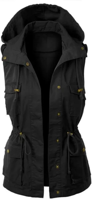 Womens Sleeveless Hooded Vest Anorak Cargo Utility Travel Vacation Military Snap Fashion Vests Pockets