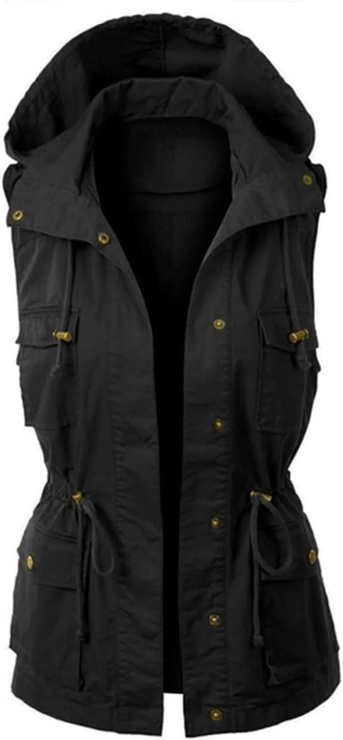 Womens Sleeveless Hooded Vest Anorak Cargo Utility Travel Vacation Military Snap Fashion Vests Pockets