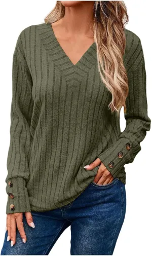 Womens Soft Long Sleeve V Neck Shirts Knitted Pullover Tunics Tops Casual Fall Lightweight Cozy Sweaters 2024