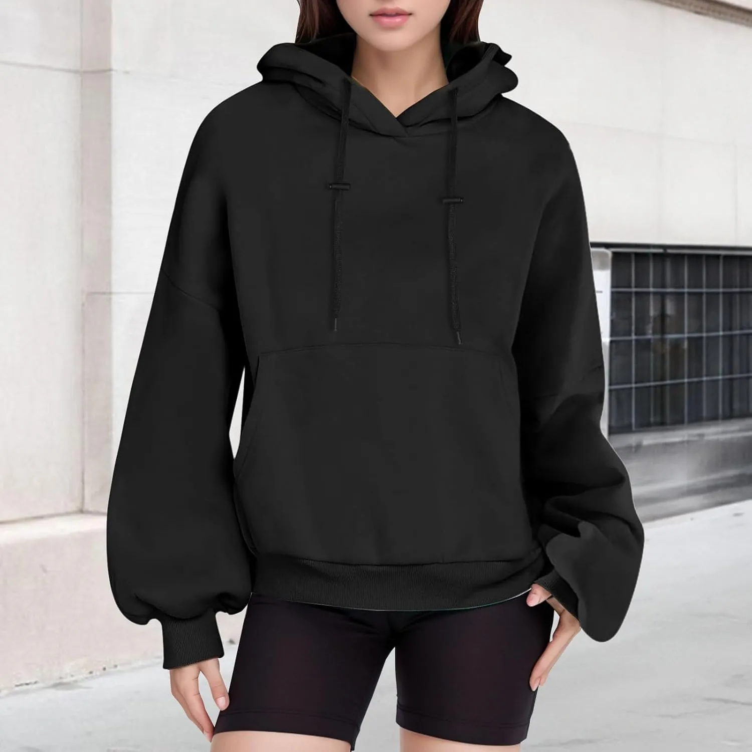 Women's Solid Color Hoodie Oversized Loose Long Sleeve Drawstring Hooded Pullover Sweatshirts Thick Warm Sports Tops