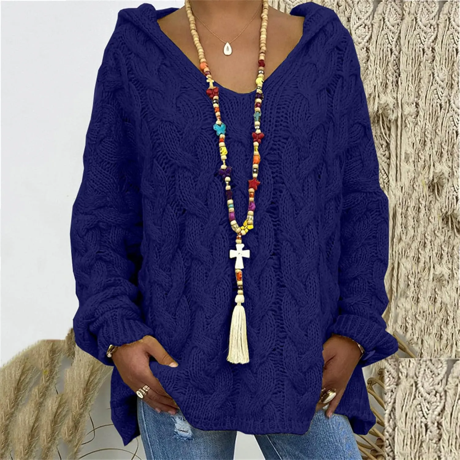 Womens Solid Color Sweaters Chunky Cable Knit Pullover Hooded Sweater Long Sleeve Loose Fit Tops