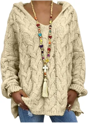 Womens Solid Color Sweaters Chunky Cable Knit Pullover Hooded Sweater Long Sleeve Loose Fit Tops
