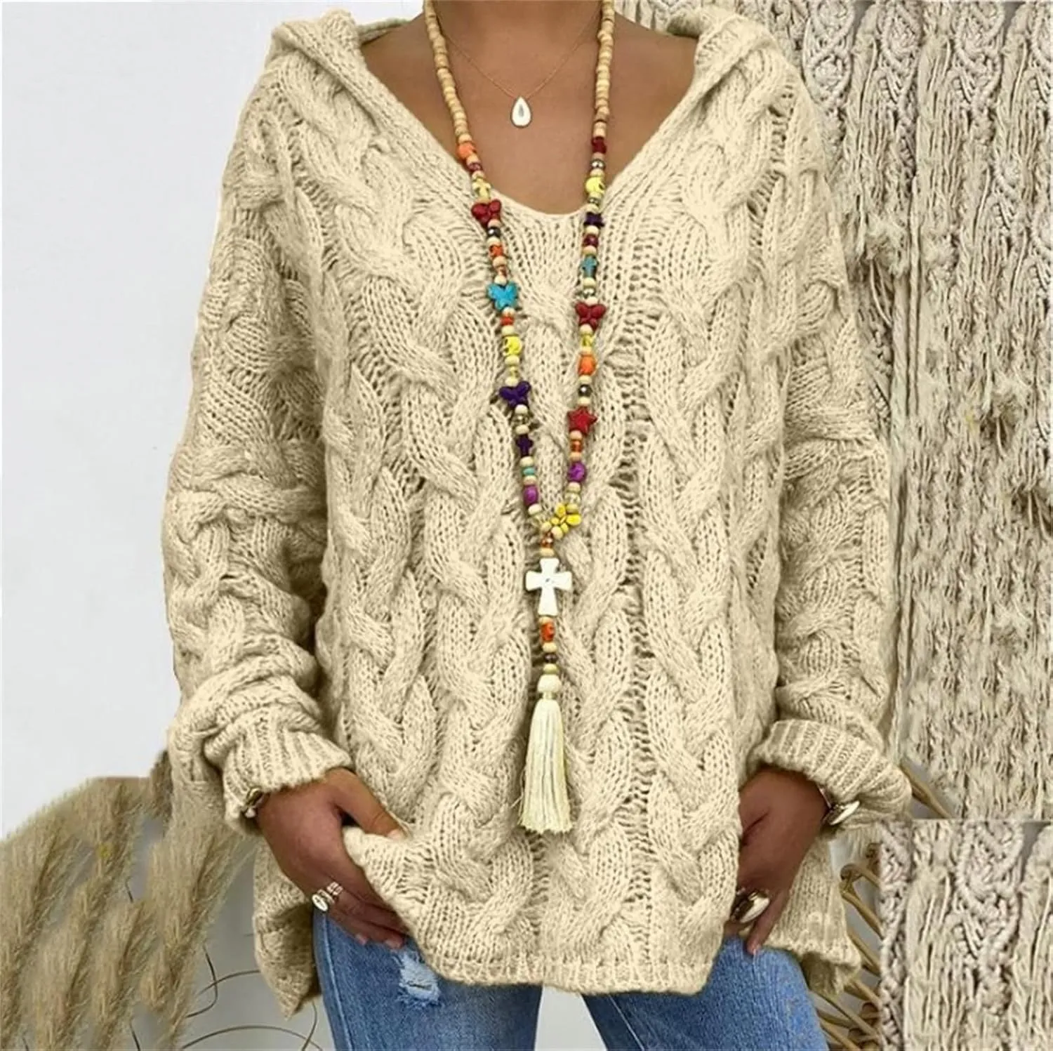 Womens Solid Color Sweaters Chunky Cable Knit Pullover Hooded Sweater Long Sleeve Loose Fit Tops