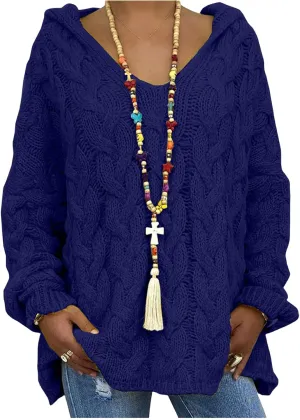 Womens Solid Color Sweaters Chunky Cable Knit Pullover Hooded Sweater Long Sleeve Loose Fit Tops