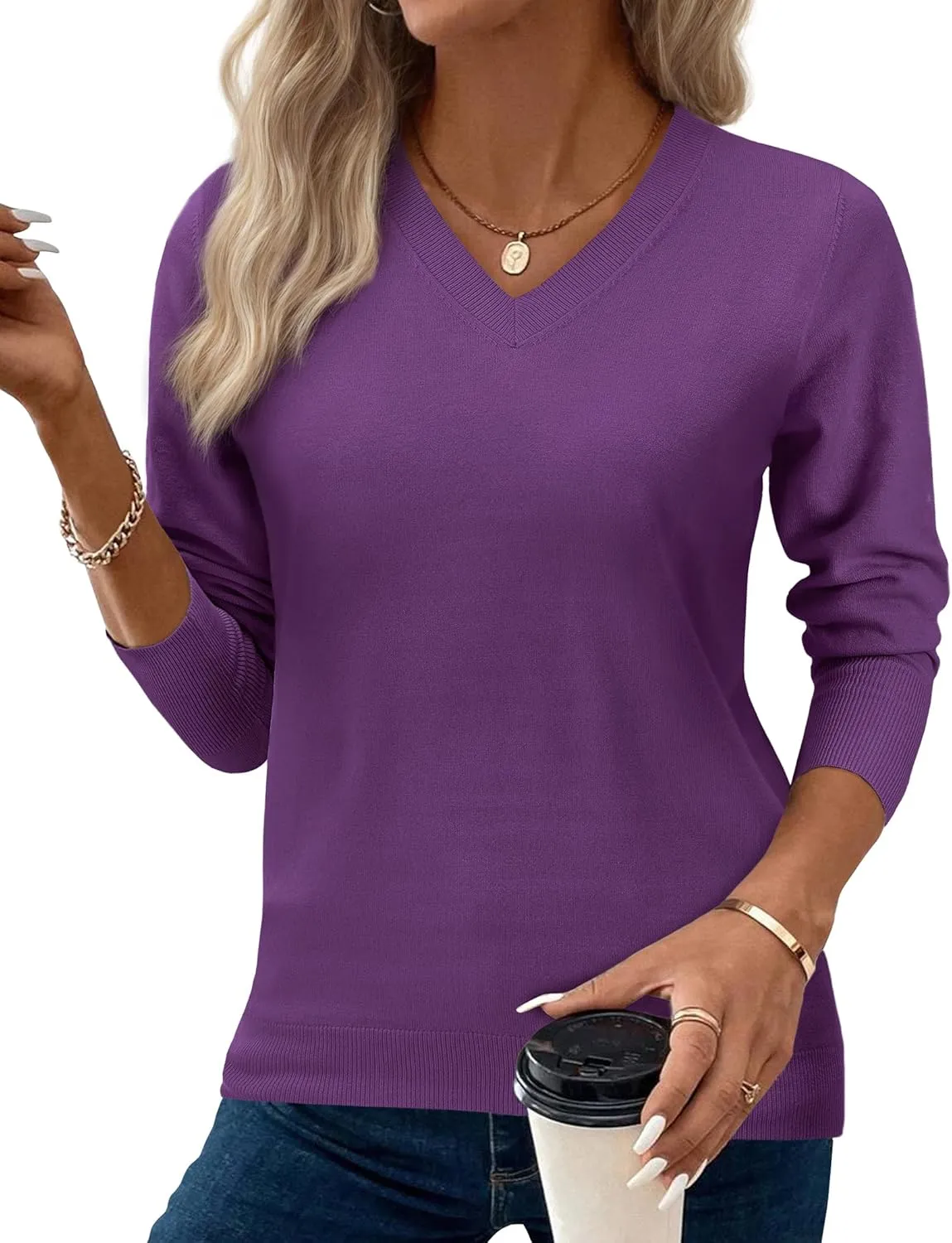 Women's Spring Sweaters 2025 Casual Thin Long Sleeve Pullover V Neck Lightweight Sweatshirts Cute Blouse Tops