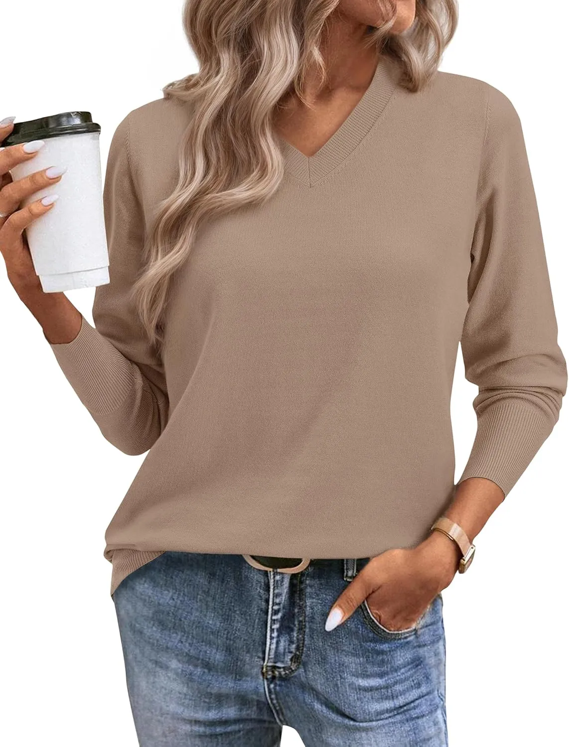 Women's Spring Sweaters 2025 Casual Thin Long Sleeve Pullover V Neck Lightweight Sweatshirts Cute Blouse Tops