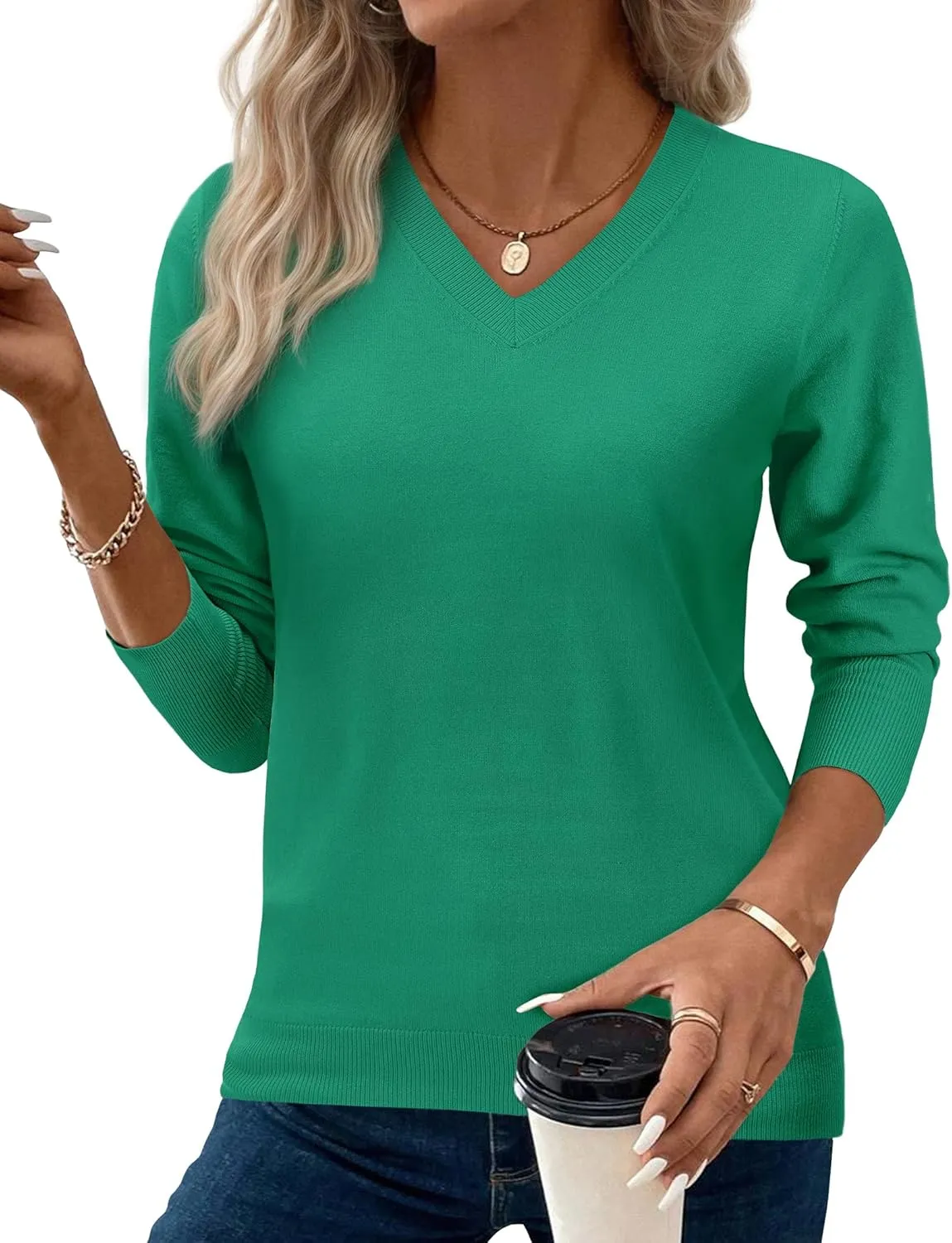 Women's Spring Sweaters 2025 Casual Thin Long Sleeve Pullover V Neck Lightweight Sweatshirts Cute Blouse Tops