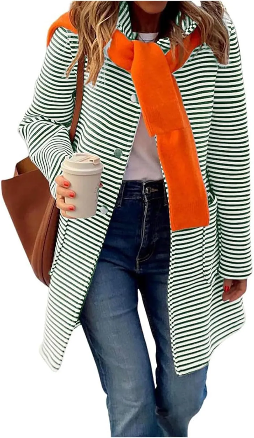 Womens Striped Cardigan Jacket with Hood Button Down Long Jackets Fashion Wool Blend Coat