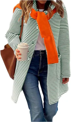 Womens Striped Cardigan Jacket with Hood Button Down Long Jackets Fashion Wool Blend Coat