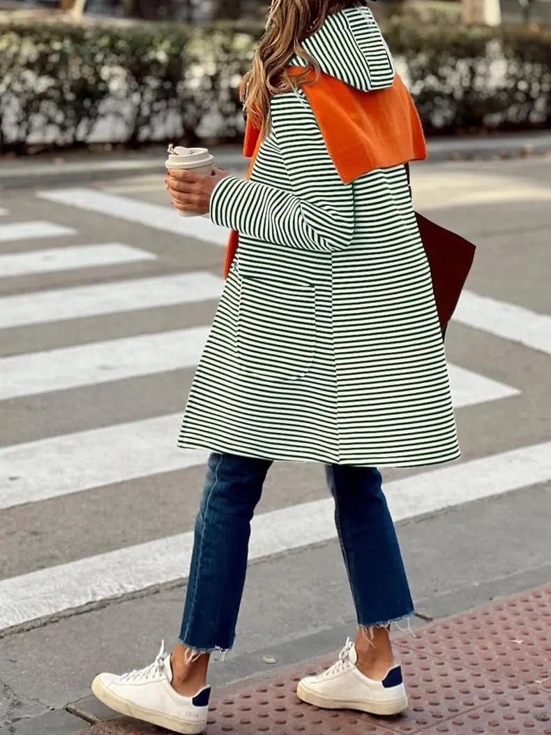 Womens Striped Cardigan Jacket with Hood Button Down Long Jackets Fashion Wool Blend Coat