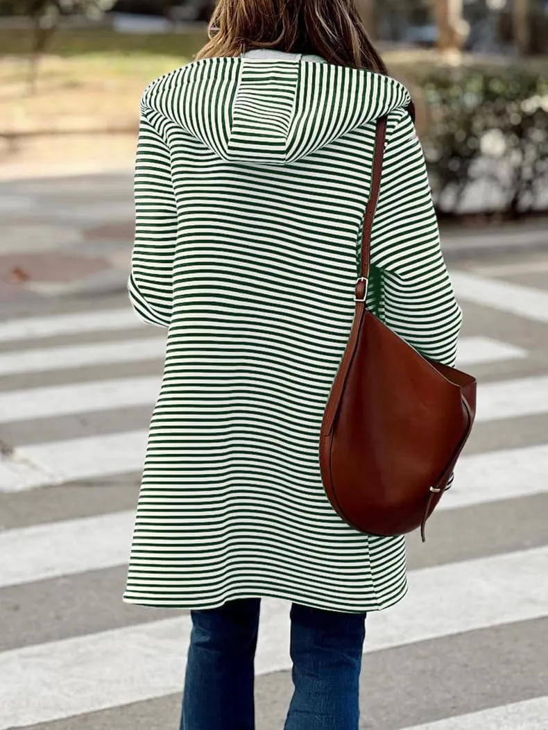 Womens Striped Cardigan Jacket with Hood Button Down Long Jackets Fashion Wool Blend Coat