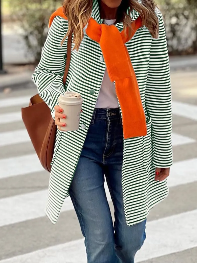 Womens Striped Cardigan Jacket with Hood Button Down Long Jackets Fashion Wool Blend Coat