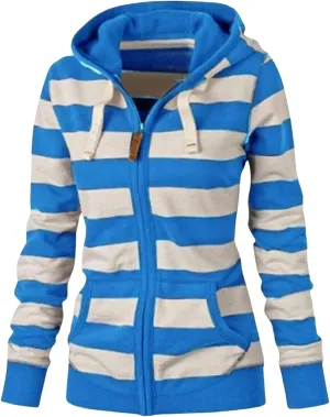 Womens Striped Hooded Jackets Zip Up Hoodie Casual Fashion Sweatshirts Long Sleeve Windproof Fall Winter New Tops