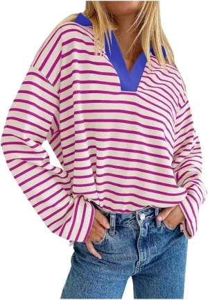 Womens Striped Sweatshirts 2024 V Neck Casual Loose Blouses Business Casual Fall Fashion Outfits Clothes
