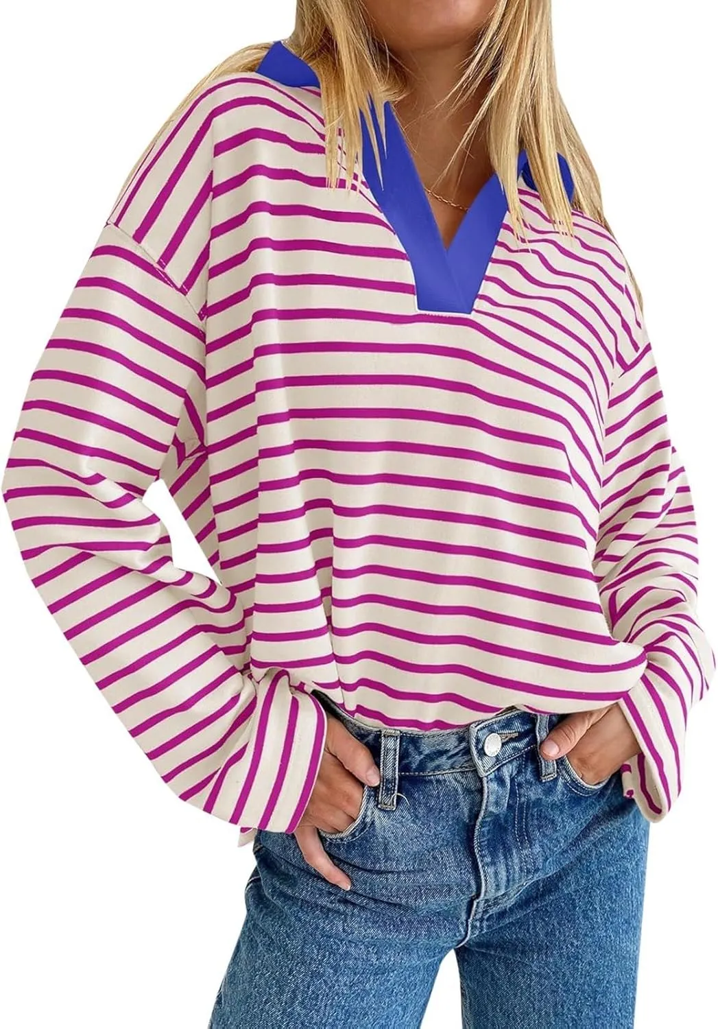 Womens Striped Sweatshirts 2024 V Neck Casual Loose Blouses Business Casual Fall Fashion Outfits Clothes