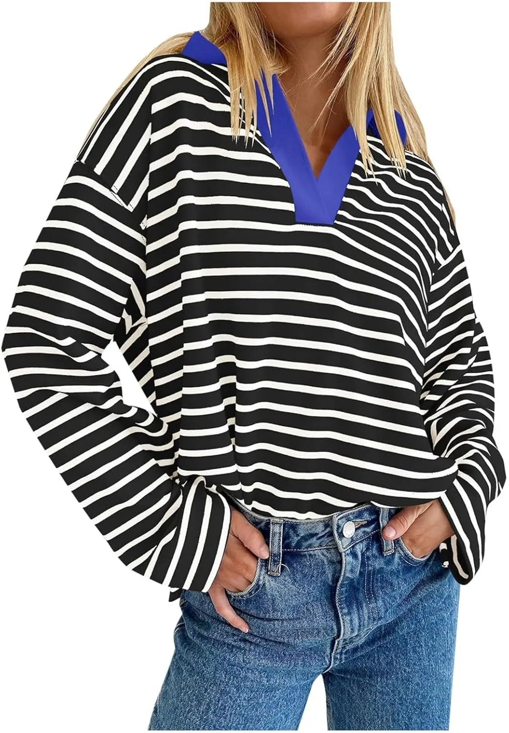 Womens Striped Sweatshirts 2024 V Neck Casual Loose Blouses Business Casual Fall Fashion Outfits Clothes