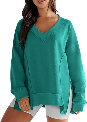 Women's Sweatshirt Side Slit Zipper Pullover V Neck Fleece Sweater for Women Oversized Sweatshirt Trendy Fall Tops