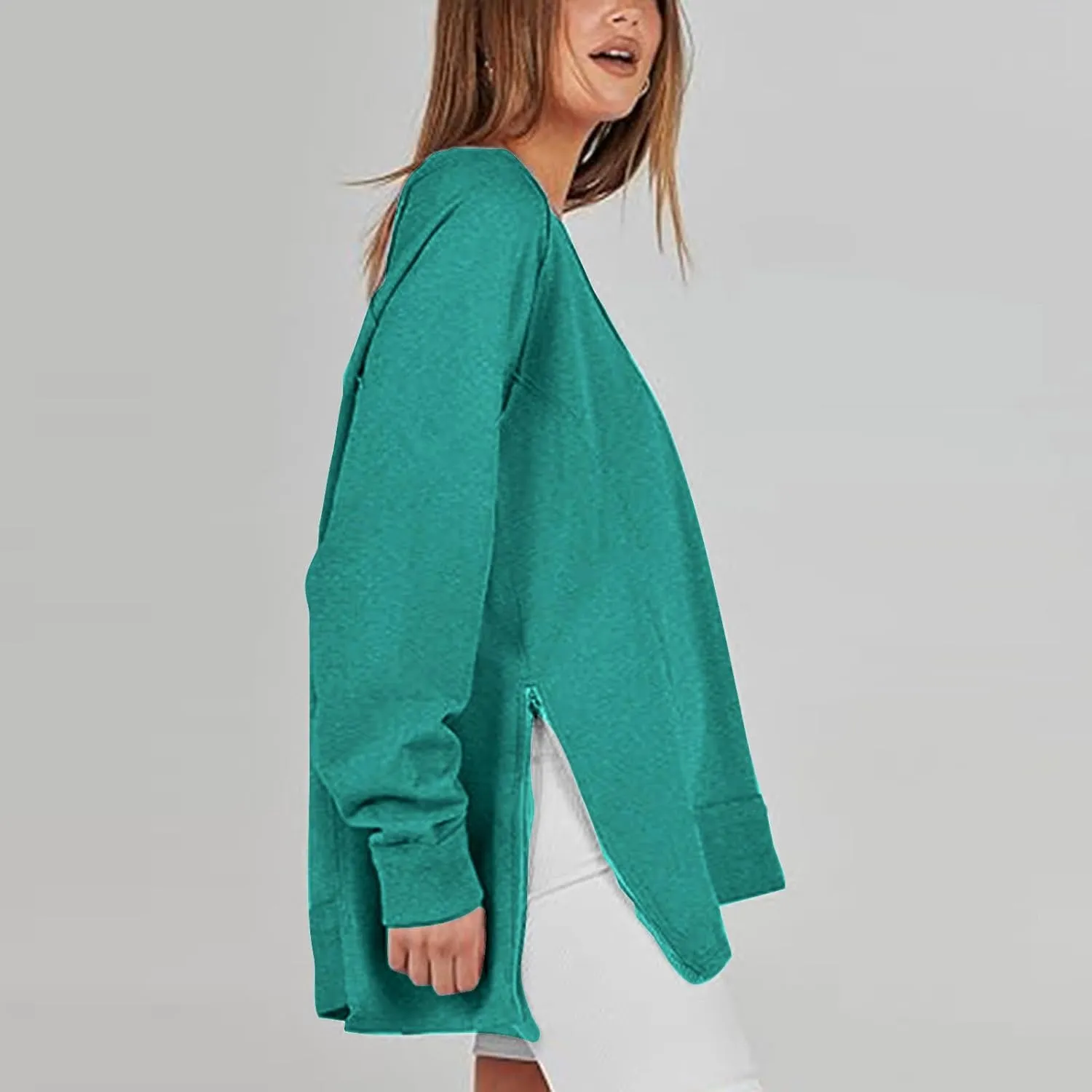 Women's Sweatshirt Side Slit Zipper Pullover V Neck Fleece Sweater for Women Oversized Sweatshirt Trendy Fall Tops
