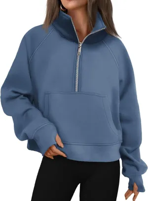 Womens Sweatshirts Half Zip Cropped Pullover Fleece Quarter Zipper Hoodies Y2k Fashion Outfit Fall Clothes with Pocket