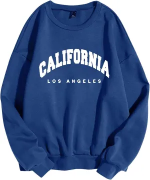 Womens Sweatshirts No Hood California Letter Print Long Sleeve Round Neck Pullover Warm Fleece Pullover Fall Winter 2023