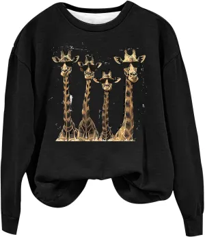 Womens Sweatshirts Pullover Long Sleeve Crewneck Cute Giraffe Graphic Tops Fashion Casual Loose Fleece Sweater Blouses