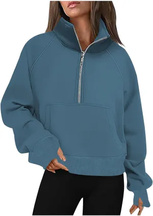 Womens Sweatshirts with Thumb Hole Half Zipper Fleece Athletic Pullovers Mock Neck Fall Winter Oversized Sweat Shirt