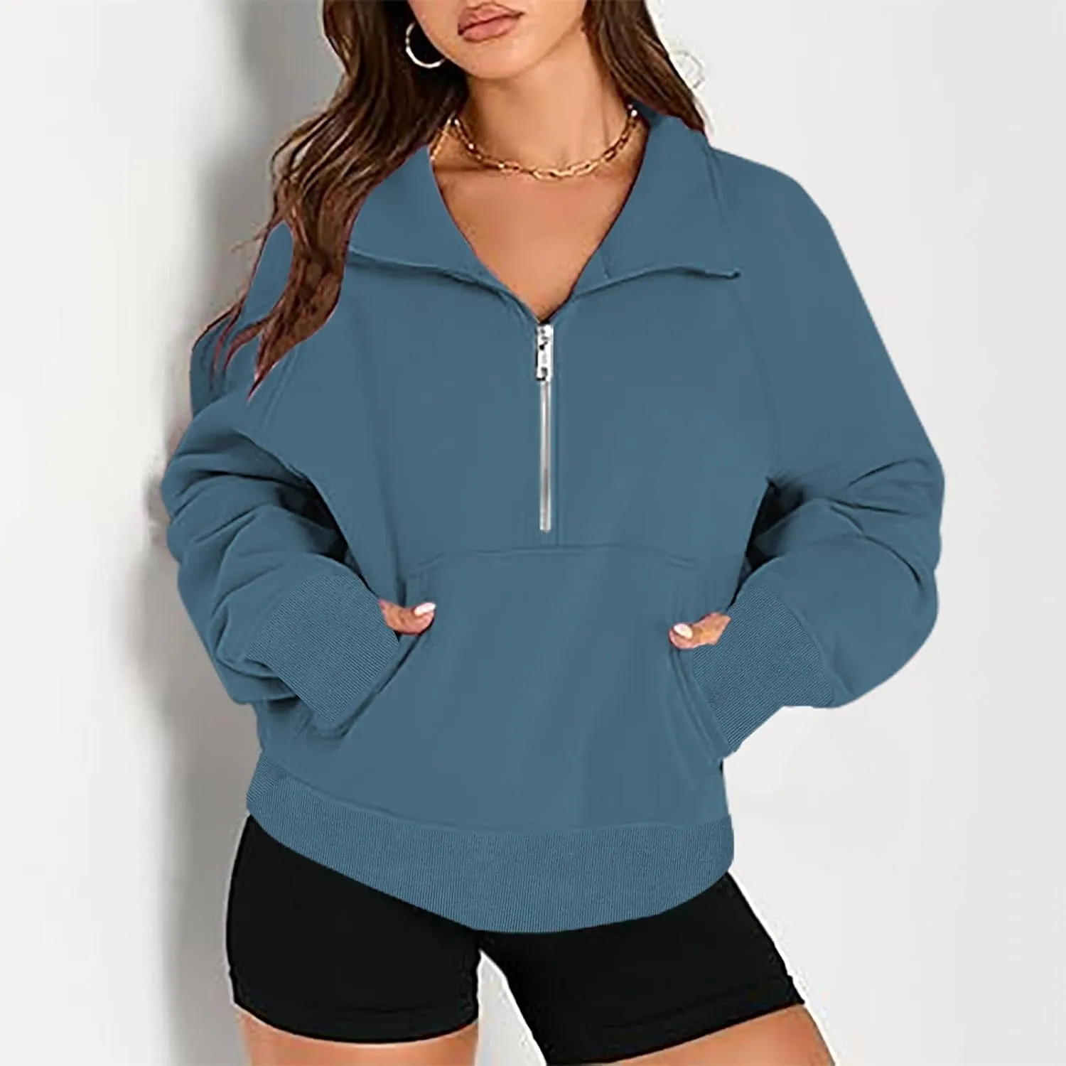 Womens Sweatshirts with Thumb Hole Half Zipper Fleece Athletic Pullovers Mock Neck Fall Winter Oversized Sweat Shirt