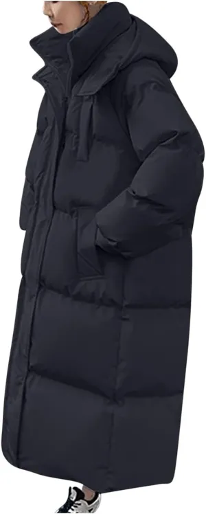 Women's Thick Long Length Cocoon Puffer Coat Full Zip Hooded Thickened Long Down Jacket Maxi Parka Puffer Coat