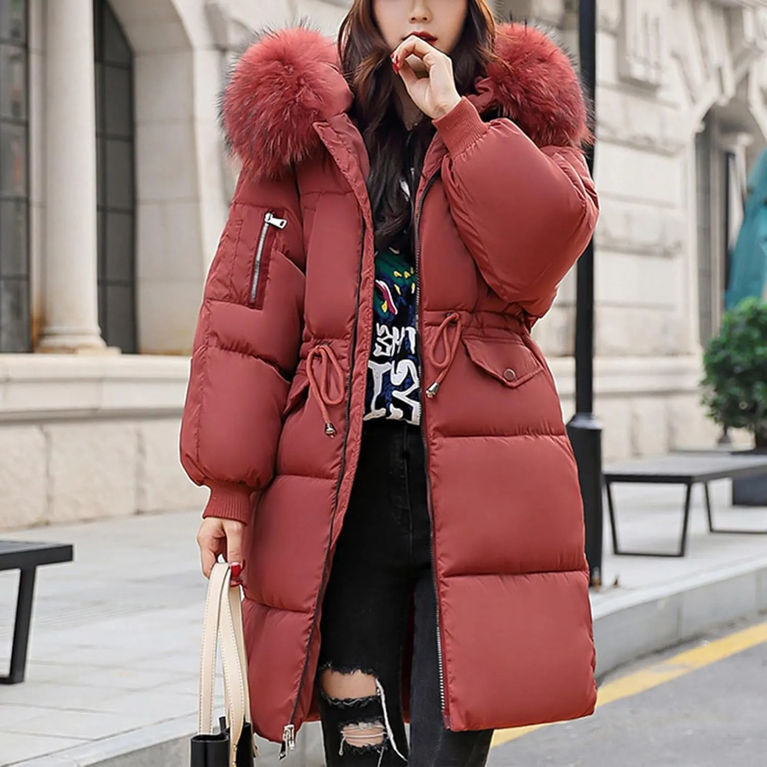 Women's Thicken Faux Fur Hooded Coats Plus Size Tunic Drawstring Zip Up Puffer Jacket Winter Trendy Warm Down Jackets