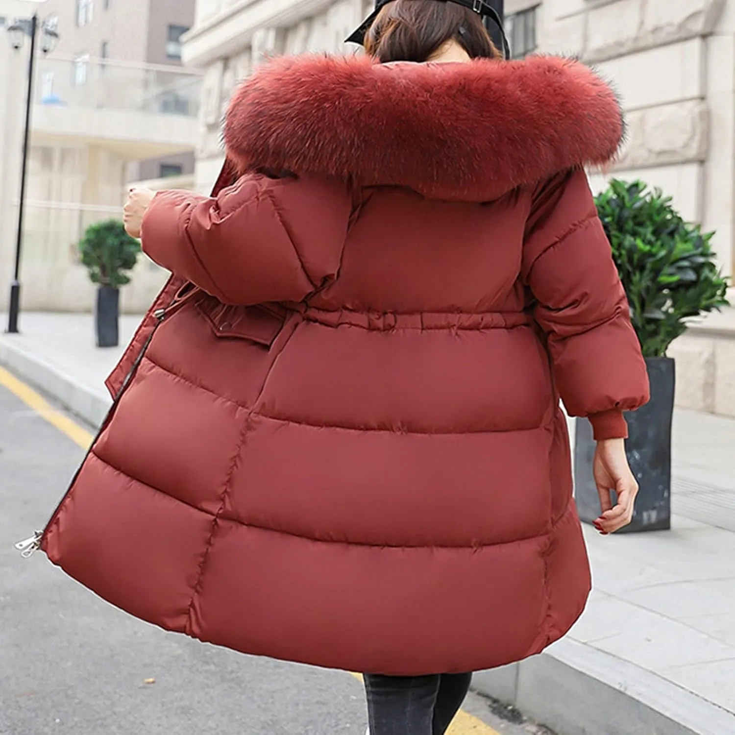 Women's Thicken Faux Fur Hooded Coats Plus Size Tunic Drawstring Zip Up Puffer Jacket Winter Trendy Warm Down Jackets