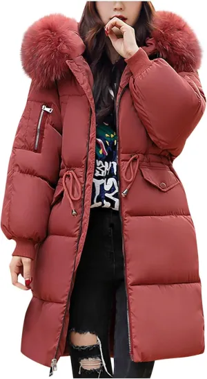 Women's Thicken Faux Fur Hooded Coats Plus Size Tunic Drawstring Zip Up Puffer Jacket Winter Trendy Warm Down Jackets