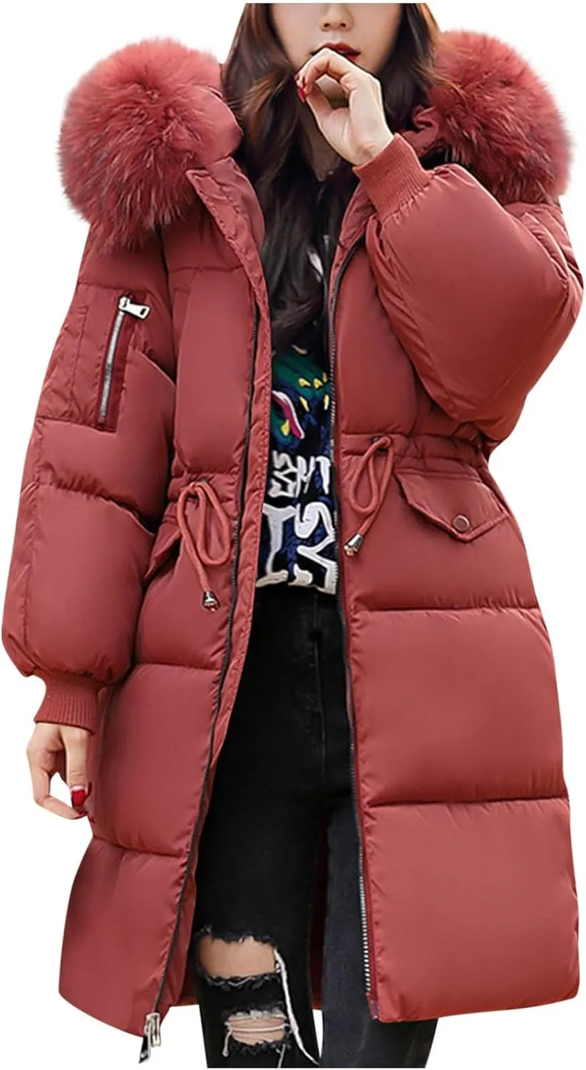 Women's Thicken Faux Fur Hooded Coats Plus Size Tunic Drawstring Zip Up Puffer Jacket Winter Trendy Warm Down Jackets