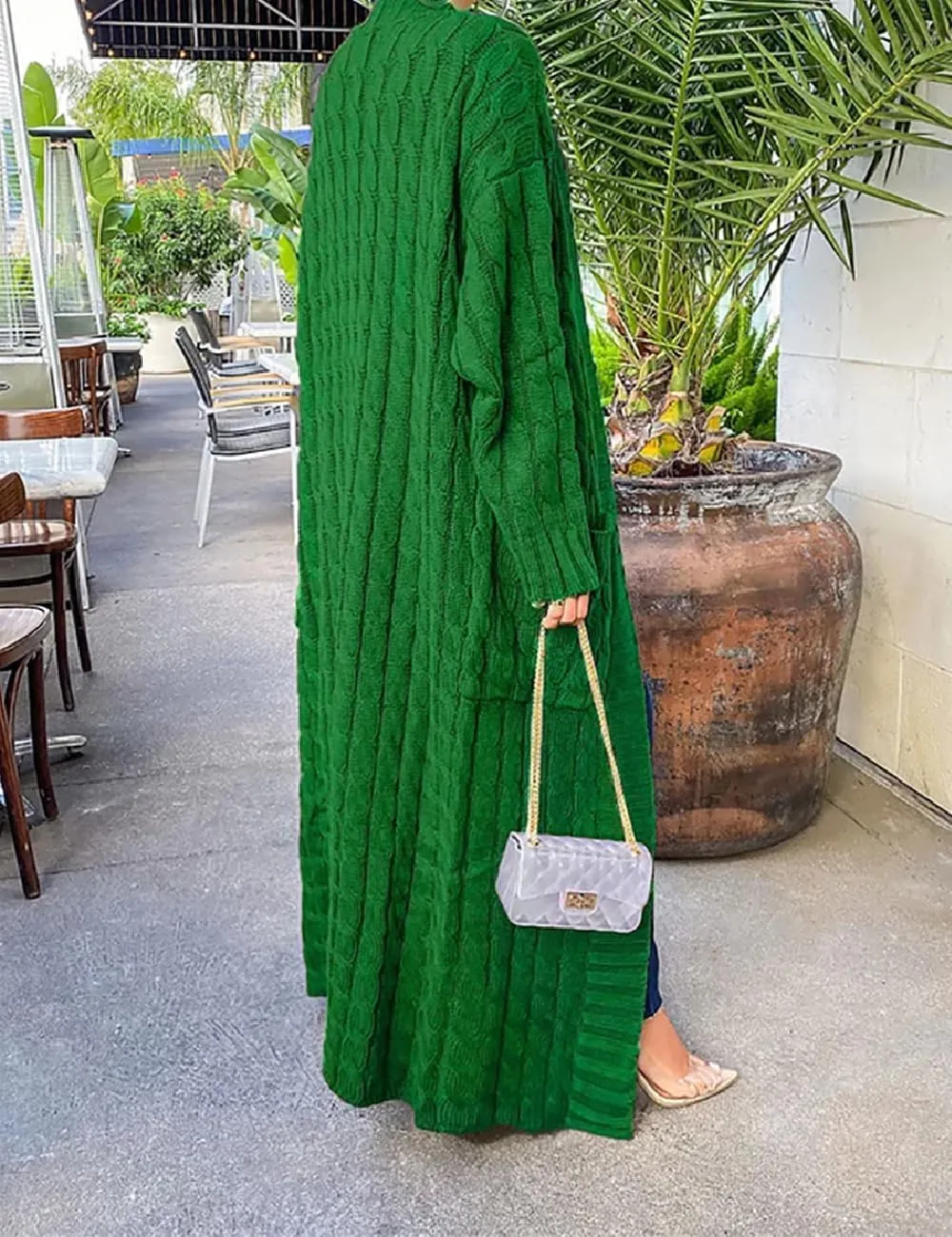 Womens Thin Stylish Cable Knit Dual Extra Long Maxi Cardigan with 2-Pockets
