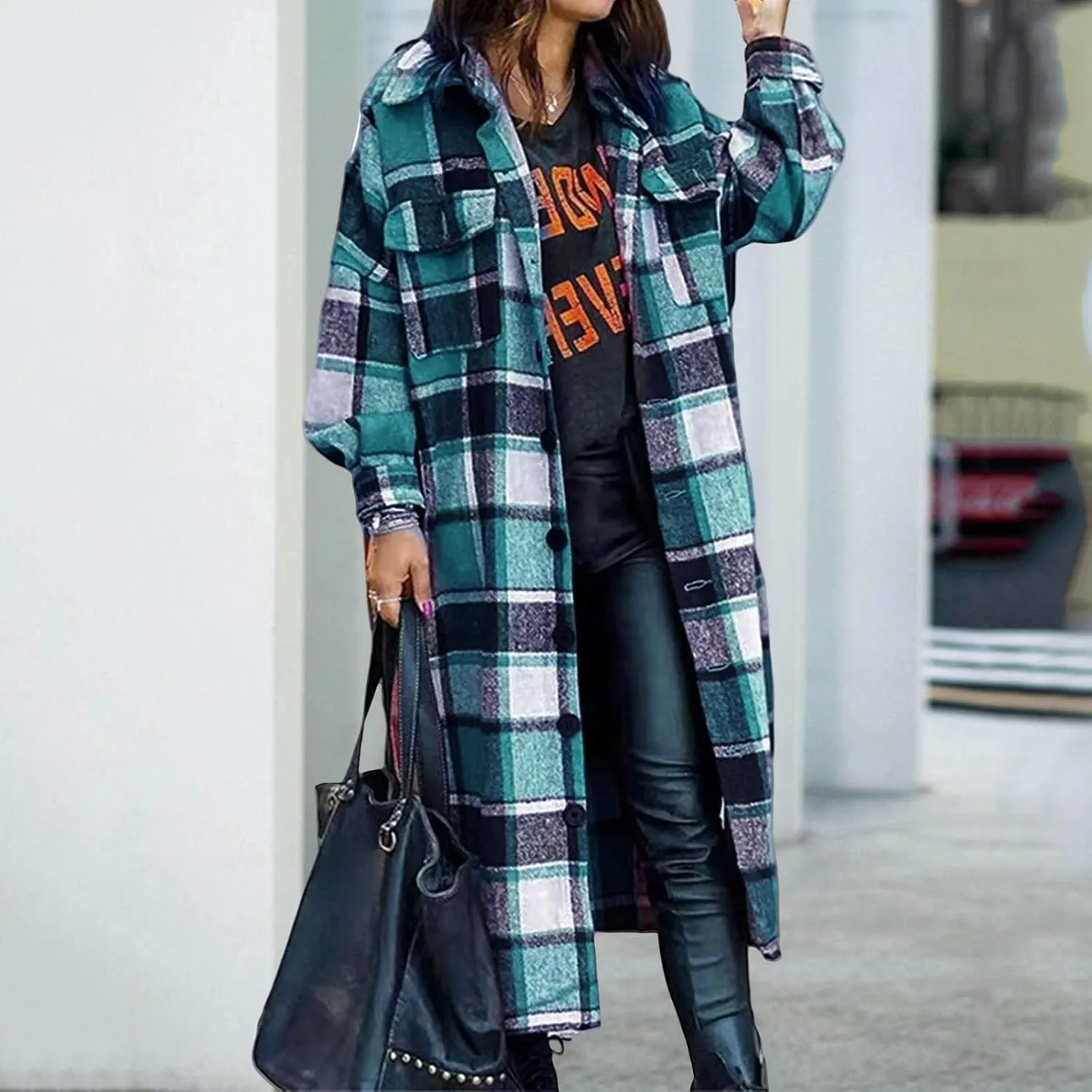 Womens Trench Coat Long Plaid Jacket Button Down Wool Blend Coat Long Sleeve Overcoat Casual Oversized Pea Coat