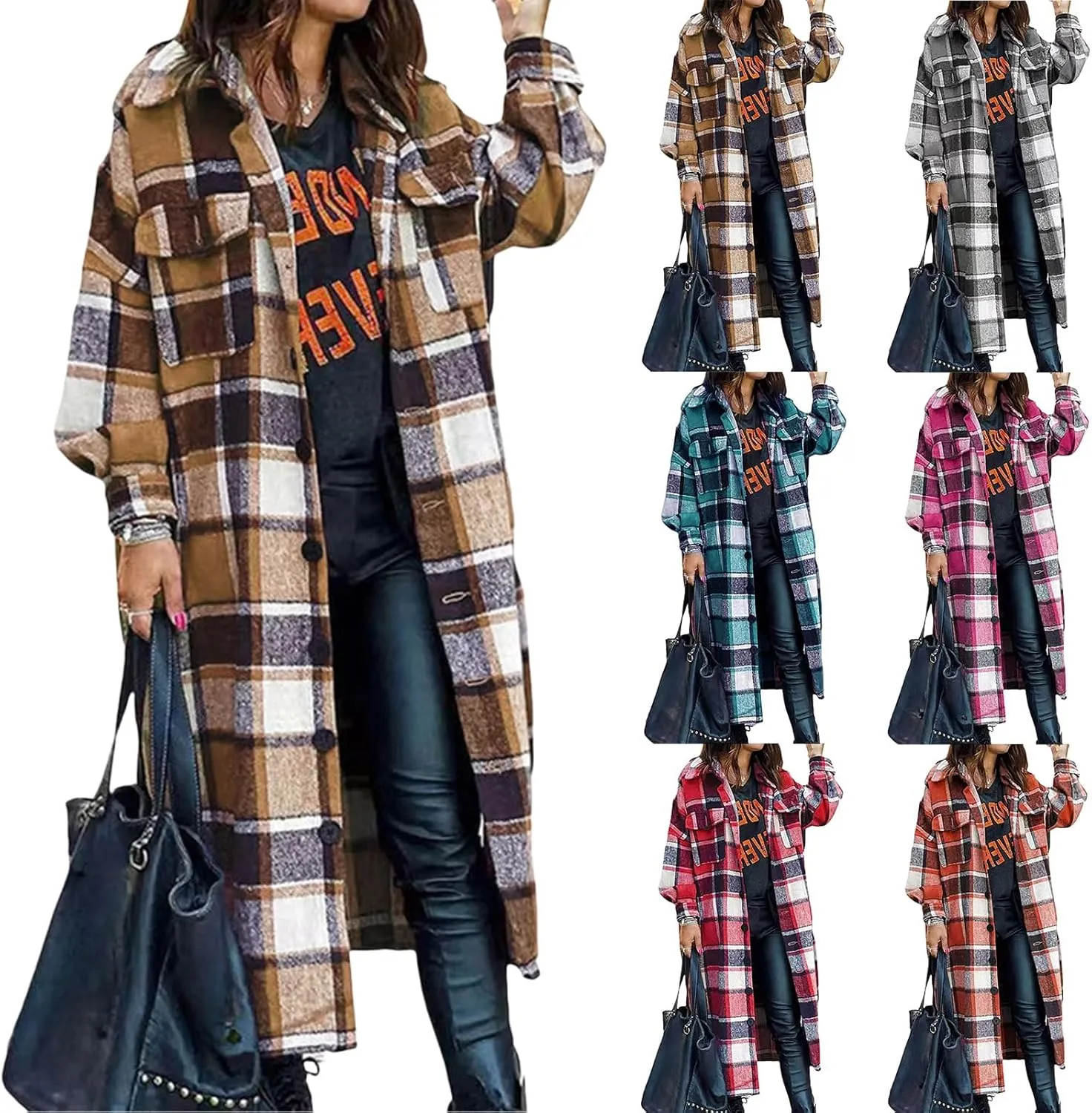 Womens Trench Coat Long Plaid Jacket Button Down Wool Blend Coat Long Sleeve Overcoat Casual Oversized Pea Coat