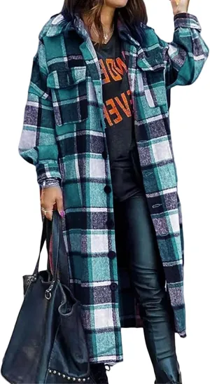 Womens Trench Coat Long Plaid Jacket Button Down Wool Blend Coat Long Sleeve Overcoat Casual Oversized Pea Coat
