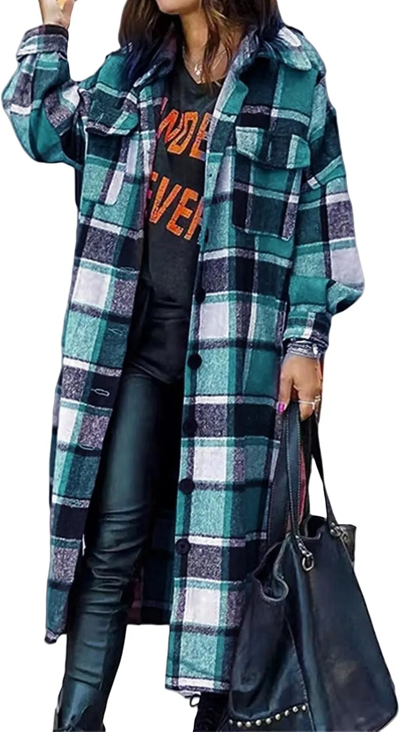 Womens Trench Coat Long Plaid Jacket Button Down Wool Blend Coat Long Sleeve Overcoat Casual Oversized Pea Coat